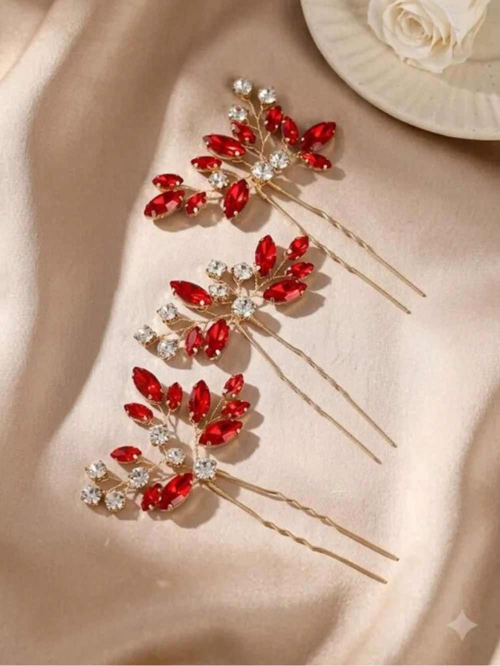 Bridal Gold and Red  Crystal Hair Pins - Elegant Wedding Hair Accessories